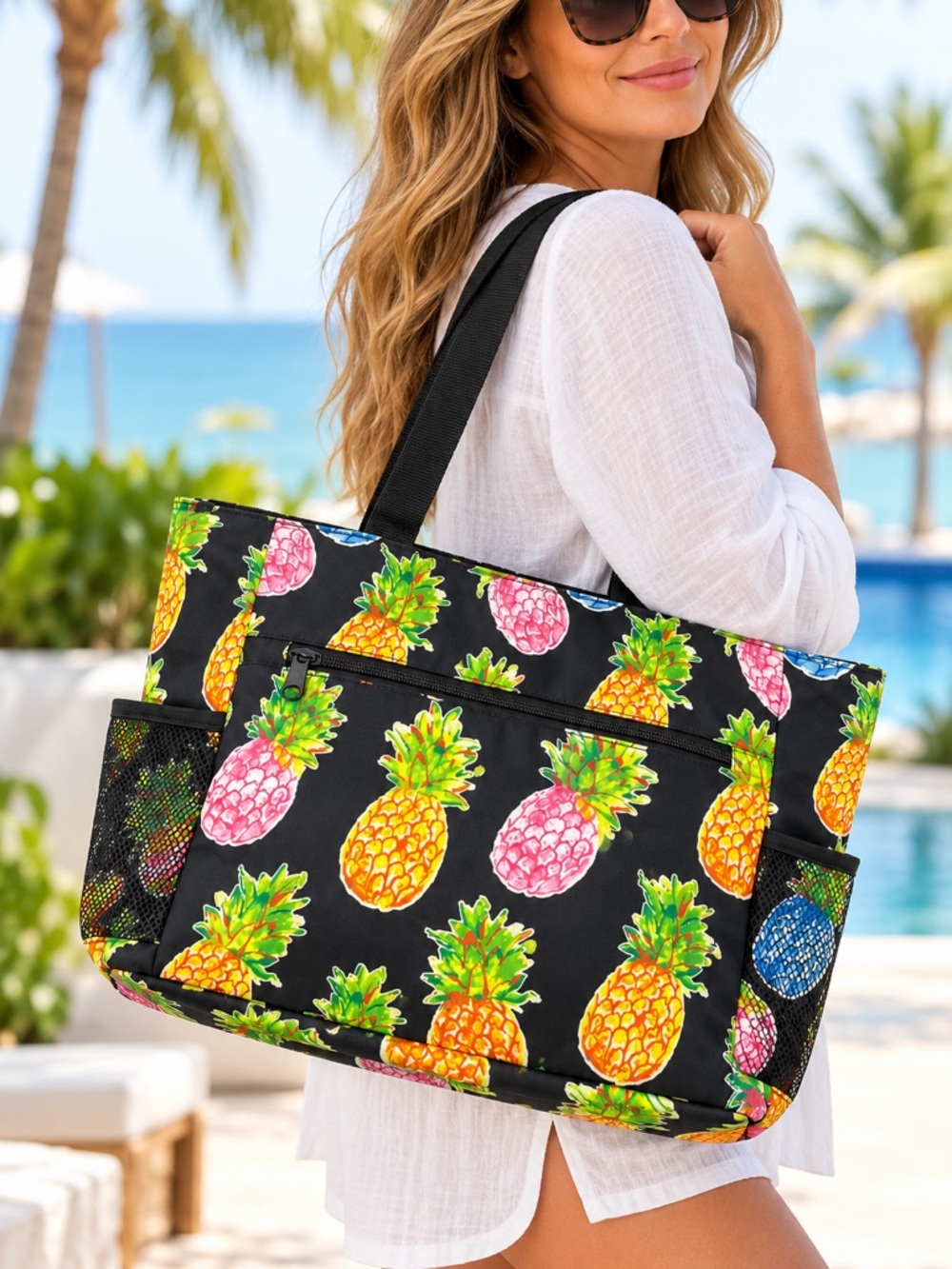 Pineapple Print Black Beach Tote - Unbranded